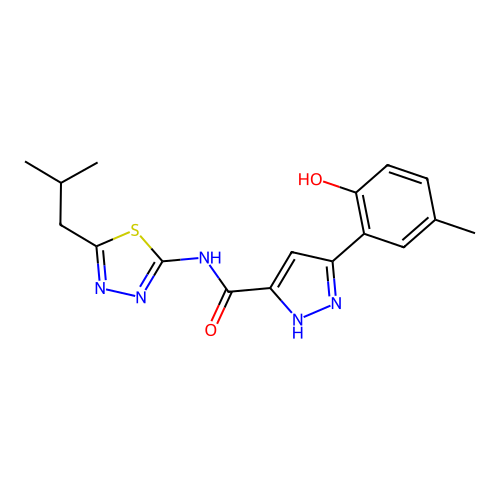 5-(2-hydroxy-5-methylphenyl)-N-[5-(2-methylpropyl)-1,3,4-thiadiazol-2-yl]-1H-pyrazole-3-carboxamide structure
