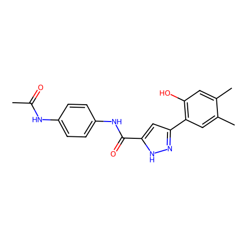 N-[4-(acetylamino)phenyl]-5-(2-hydroxy-4,5-dimethylphenyl)-1H-pyrazole-3-carboxamide structure