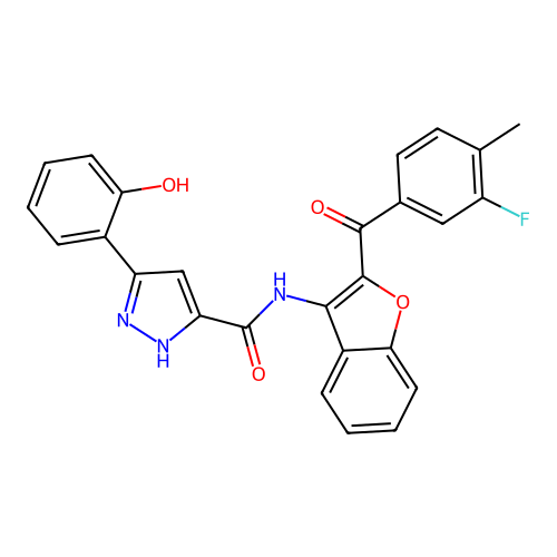 N-{2-[(3-fluoro-4-methylphenyl)carbonyl]-1-benzofuran-3-yl}-5-(2-hydroxyphenyl)-1H-pyrazole-3-carboxamide structure