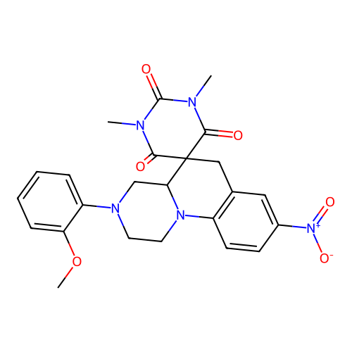 3'-(2-methoxyphenyl)-1,3-dimethyl-8'-nitrospiro[1,3-diazinane-5,5'-2,4,4a,6-tetrahydro-1H-pyrazino[1,2-a]quinoline]-2,4,6-trione structure