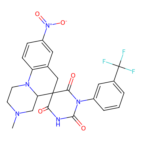 2'-hydroxy-3-methyl-8-nitro-1'-[3-(trifluoromethyl)phenyl]-2,3,4,4a-tetrahydro-1H,4'H,6H-spiro[pyrazino[1,2-a]quinoline-5,5'-pyrimidine]-4',6'(1'H)-dione structure