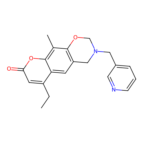 6-ethyl-10-methyl-3-(pyridin-3-ylmethyl)-3,4-dihydro-2H,8H-chromeno[6,7-e][1,3]oxazin-8-one structure