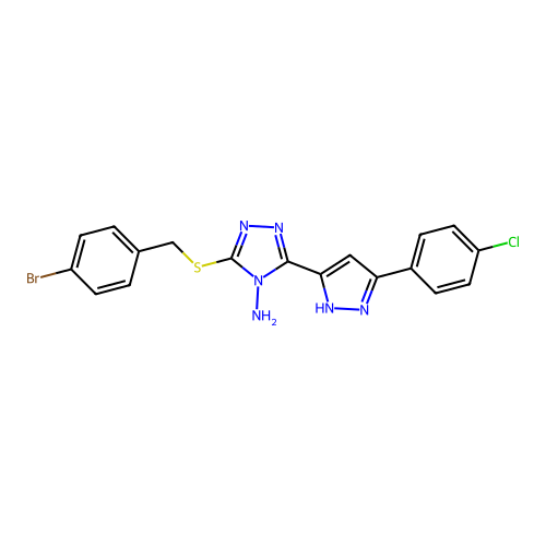 3-((4-bromobenzyl)thio)-5-(3-(4-chlorophenyl)-1H-pyrazol-5-yl)-4H-1,2,4-triazol-4-amine structure