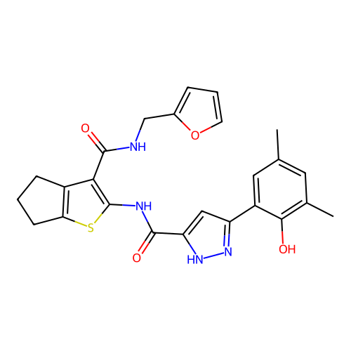 N-{3-[(furan-2-ylmethyl)carbamoyl]-5,6-dihydro-4H-cyclopenta[b]thiophen-2-yl}-5-(2-hydroxy-3,5-dimethylphenyl)-1H-pyrazole-3-carboxamide structure