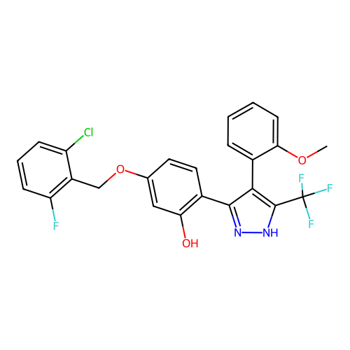 5-[(2-chloro-6-fluorobenzyl)oxy]-2-[4-(2-methoxyphenyl)-5-(trifluoromethyl)-1H-pyrazol-3-yl]phenol structure