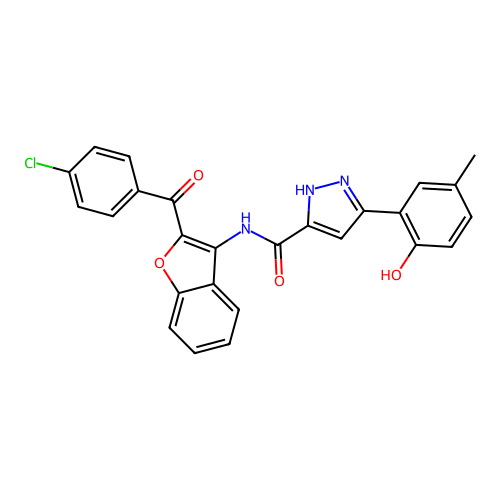 N-{2-[(4-chlorophenyl)carbonyl]-1-benzofuran-3-yl}-5-(2-hydroxy-5-methylphenyl)-1H-pyrazole-3-carboxamide structure