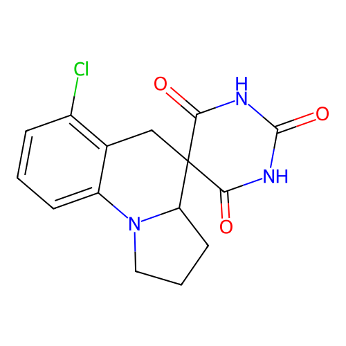 6'-chloro-2,6-dihydroxy-1',2',3',3a'-tetrahydro-4H,5'H-spiro[pyrimidine-5,4'-pyrrolo[1,2-a]quinolin]-4-one structure