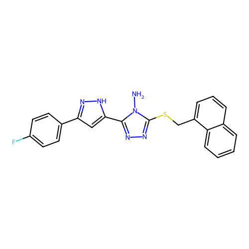 3-[3-(4-fluorophenyl)pyrazol-5-yl]-5-(naphthylmethylthio)-1,2,4-triazole-4-yla mine structure