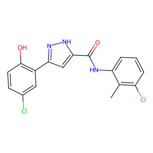 5-(5-chloro-2-hydroxyphenyl)-N-(3-chloro-2-methylphenyl)-1H-pyrazole-3-carboxamide structure