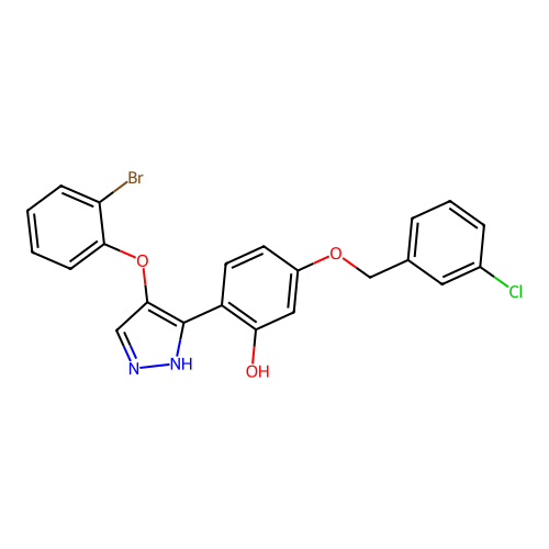 2-[4-(2-bromophenoxy)-1H-pyrazol-3-yl]-5-[(3-chlorobenzyl)oxy]phenol structure