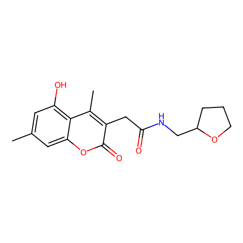 2-(5-hydroxy-4,7-dimethyl-2-oxo-2H-chromen-3-yl)-N-(tetrahydrofuran-2-ylmethyl)acetamide structure
