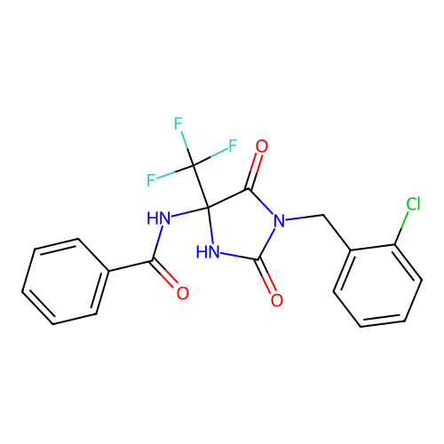 N-(1-(2-chlorobenzyl)-2,5-dioxo-4-(trifluoromethyl)imidazolidin-4-yl)benzamide structure