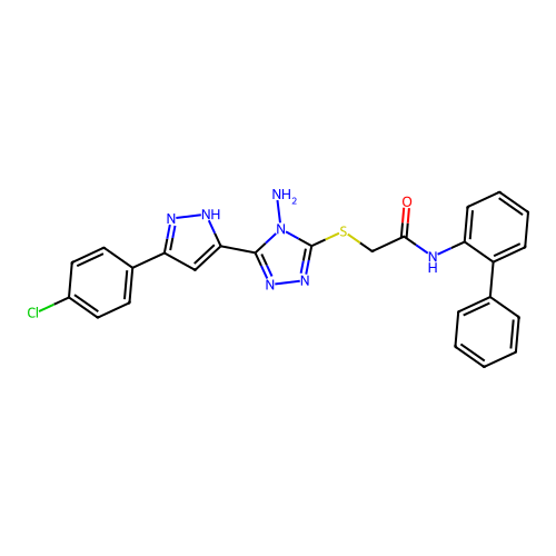 2-({4-amino-5-[5-(4-chlorophenyl)-1H-pyrazol-3-yl]-4H-1,2,4-triazol-3-yl}sulfanyl)-N-(biphenyl-2-yl)acetamide structure
