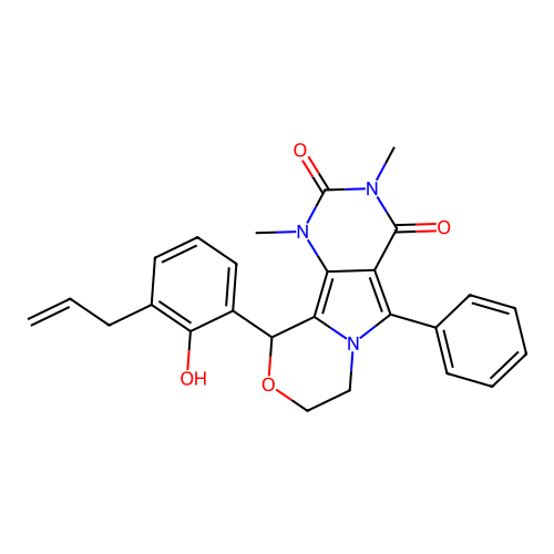 10-(3-allyl-2-hydroxyphenyl)-1,3-dimethyl-5-phenyl-7,8-dihydro-1H-pyrimido[4',5':3,4]pyrrolo[2,1-c][1,4]oxazine-2,4(3H,10H)-dione structure