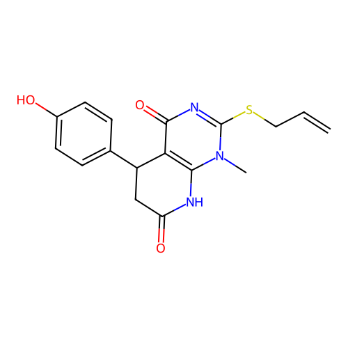 2-(allylthio)-5-(4-hydroxyphenyl)-1-methyl-5,6-dihydropyrido[2,3-d]pyrimidine-4,7(1H,8H)-dione structure