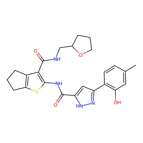 5-(2-hydroxy-4-methylphenyl)-N-{3-[(tetrahydrofuran-2-ylmethyl)carbamoyl]-5,6-dihydro-4H-cyclopenta[b]thiophen-2-yl}-1H-pyrazole-3-carboxamide structure