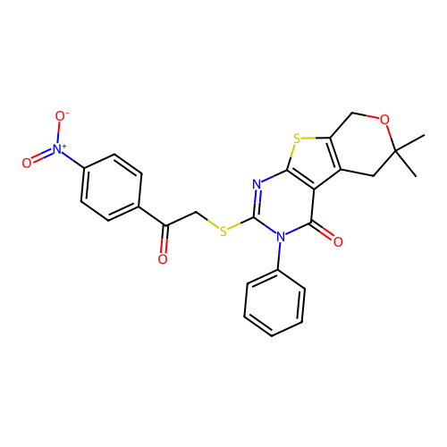 6,6-dimethyl-2-((2-(4-nitrophenyl)-2-oxoethyl)thio)-3-phenyl-5,6-dihydro-3H-pyrano[4',3':4,5]thieno[2,3-d]pyrimidin-4(8H)-one structure