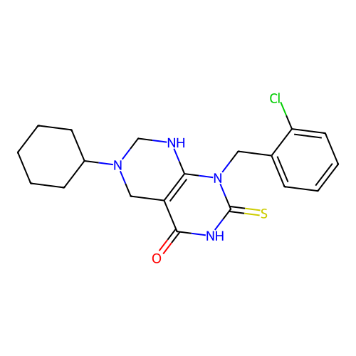 1-(2-chlorobenzyl)-6-cyclohexyl-2-thioxo-2,3,5,6,7,8-hexahydropyrimido[4,5-d]pyrimidin-4(1H)-one structure