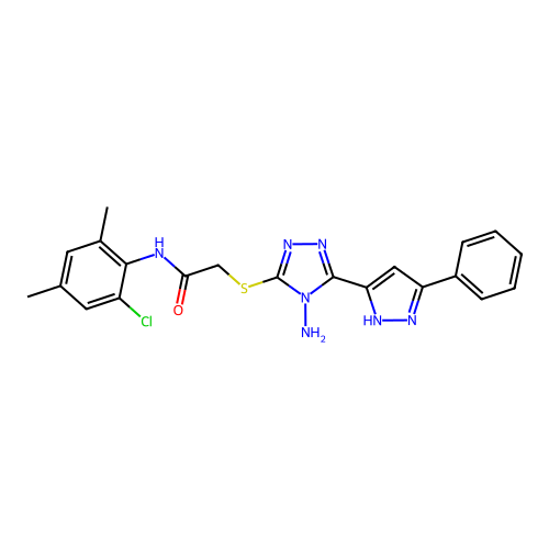 2-((4-amino-5-(3-phenyl-1H-pyrazol-5-yl)-4H-1,2,4-triazol-3-yl)thio)-N-(2-chloro-4,6-dimethylphenyl)acetamide structure