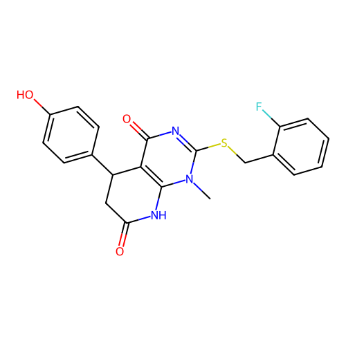 2-((2-fluorobenzyl)thio)-5-(4-hydroxyphenyl)-1-methyl-5,6-dihydropyrido[2,3-d]pyrimidine-4,7(1H,8H)-dione structure