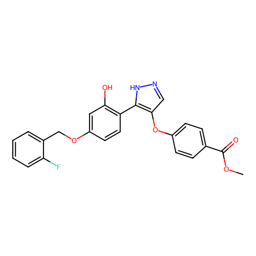 methyl 4-((3-(4-((2-fluorobenzyl)oxy)-2-hydroxyphenyl)-1H-pyrazol-4-yl)oxy)benzoate structure