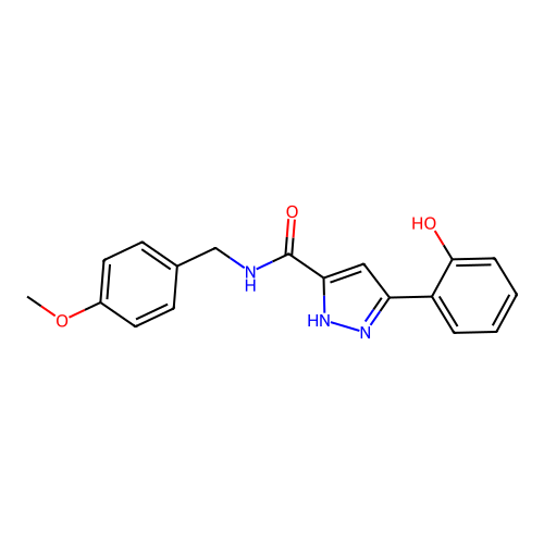 5-(2-hydroxyphenyl)-N-(4-methoxybenzyl)-1H-pyrazole-3-carboxamide structure