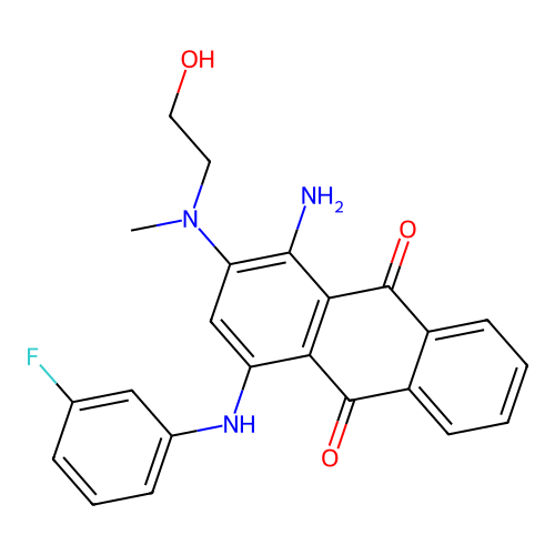1-amino-4-((3-fluorophenyl)amino)-2-((2-hydroxyethyl)(methyl)amino)anthracene-9,10-dione structure