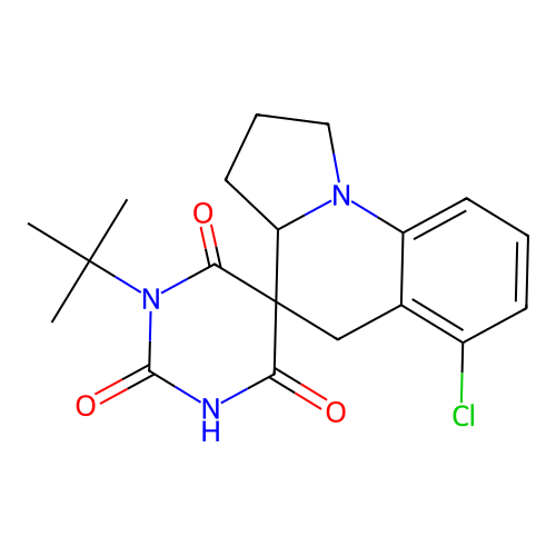 1-(tert-butyl)-6'-chloro-2',3',3a',5'-tetrahydro-1H,1'H-spiro[pyrimidine-5,4'-pyrrolo[1,2-a]quinoline]-2,4,6(3H)-trione structure