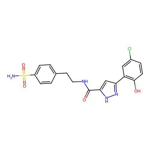 (5E)-5-(3-chloro-6-oxocyclohexa-2,4-dien-1-ylidene)-N-[2-(4-sulfamoylphenyl)ethyl]-1,2-dihydropyrazole-3-carboxamide structure