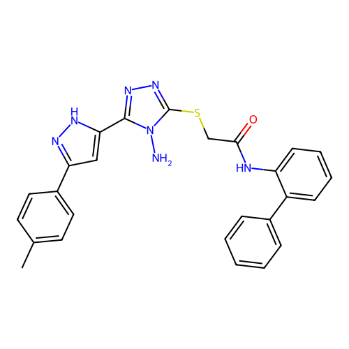 2-({4-amino-5-[5-(4-methylphenyl)-1H-pyrazol-3-yl]-4H-1,2,4-triazol-3-yl}sulfanyl)-N-(biphenyl-2-yl)acetamide structure