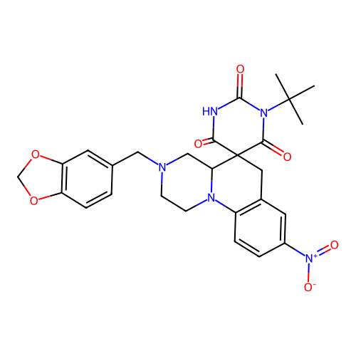 3'-(1,3-benzodioxol-5-ylmethyl)-1-tert-butyl-8'-nitrospiro[1,3-diazinane-5,5'-2,4,4a,6-tetrahydro-1H-pyrazino[1,2-a]quinoline]-2,4,6-trione structure