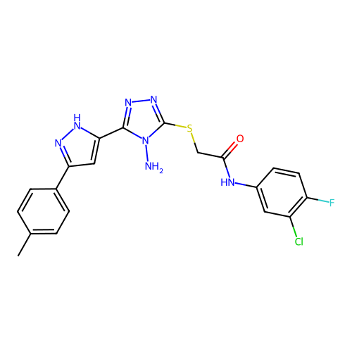 2-((4-amino-5-(3-(p-tolyl)-1H-pyrazol-5-yl)-4H-1,2,4-triazol-3-yl)thio)-N-(3-chloro-4-fluorophenyl)acetamide structure