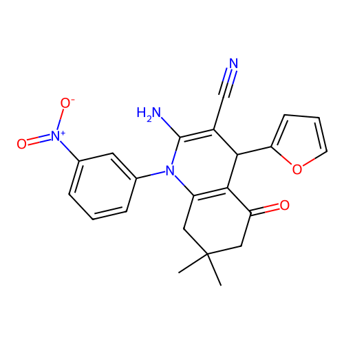 2-amino-4-(furan-2-yl)-7,7-dimethyl-1-(3-nitrophenyl)-5-oxo-1,4,5,6,7,8-hexahydroquinoline-3-carbonitrile structure