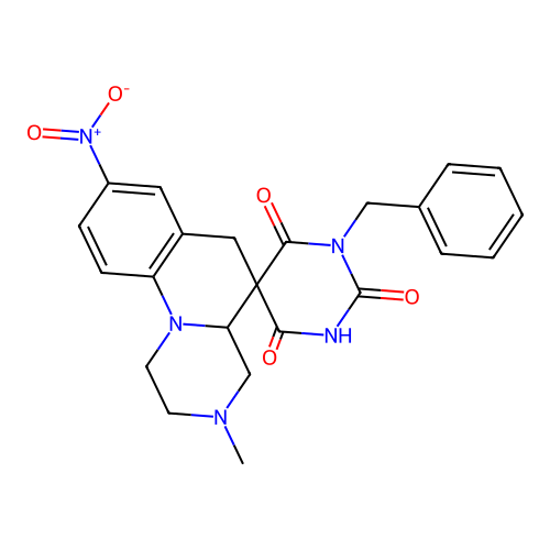 1'-benzyl-2'-hydroxy-3-methyl-8-nitro-2,3,4,4a-tetrahydro-1H,4'H,6H-spiro[pyrazino[1,2-a]quinoline-5,5'-pyrimidine]-4',6'(1'H)-dione structure
