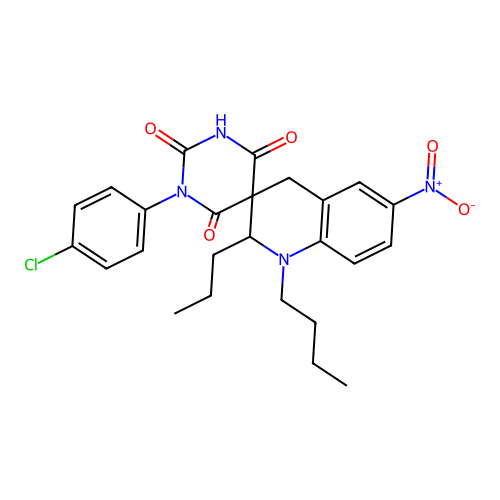 1'-butyl-1-(4-chlorophenyl)-6'-nitro-2'-propyl-2',4'-dihydro-1H,1'H-spiro[pyrimidine-5,3'-quinoline]-2,4,6(3H)-trione structure