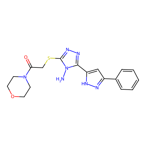 2-((4-amino-5-(3-phenyl-1H-pyrazol-5-yl)-4H-1,2,4-triazol-3-yl)thio)-1-morpholinoethanone structure