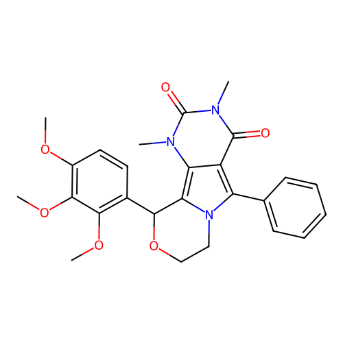 1,3-dimethyl-5-phenyl-10-(2,3,4-trimethoxyphenyl)-1,7,8,10-tetrahydro-2H-pyrimido[4',5':3,4]pyrrolo[2,1-c][1,4]oxazine-2,4(3H)-dione structure