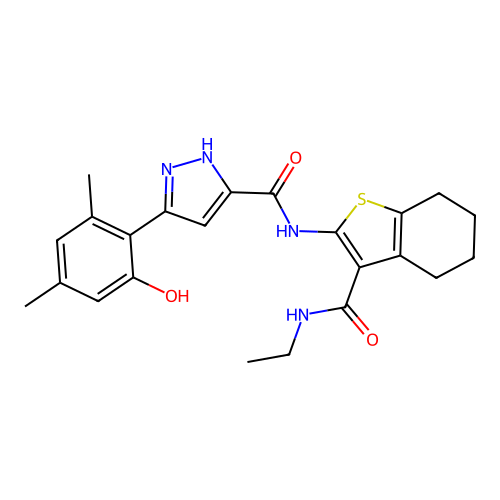 N-[3-(ethylcarbamoyl)-4,5,6,7-tetrahydro-1-benzothiophen-2-yl]-3-(2-hydroxy-4,6-dimethylphenyl)-1H-pyrazole-5-carboxamide structure