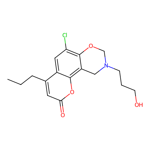 6-chloro-9-(3-hydroxypropyl)-4-propyl-8,10-dihydropyrano[2,3-f][1,3]benzoxazin-2-one structure