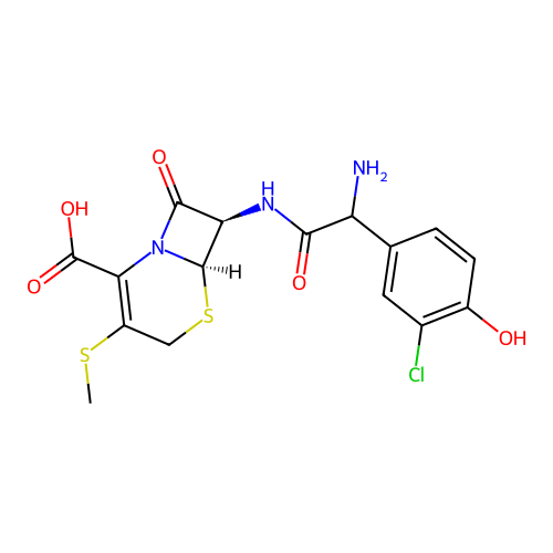 7-(R-2-Amino-2-(3-chloro-4-hydroxyphenyl)acetamido)-3-methylthio-3-cephem-4-carboxylic acid structure