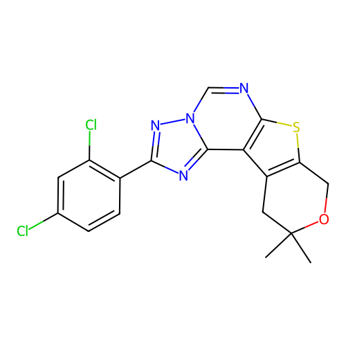2-(2,4-dichlorophenyl)-10,10-dimethyl-10,11-dihydro-8H-pyrano[4',3':4,5]thieno[3,2-e][1,2,4]triazolo[1,5-c]pyrimidine structure