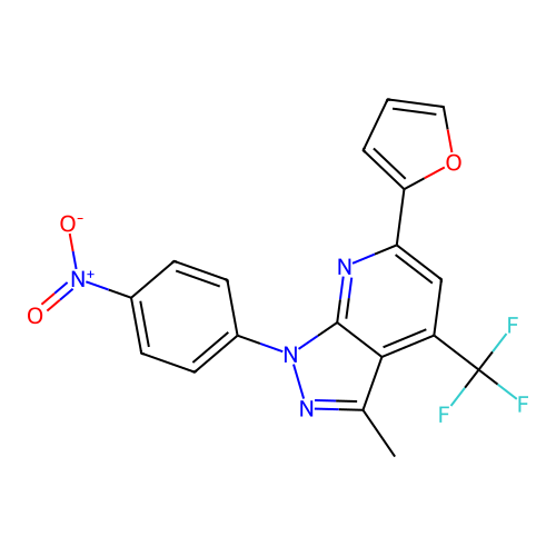 6-(furan-2-yl)-3-methyl-1-(4-nitrophenyl)-4-(trifluoromethyl)-1H-pyrazolo[3,4-b]pyridine structure