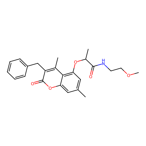 2-((3-benzyl-4,7-dimethyl-2-oxo-2H-chromen-5-yl)oxy)-N-(2-methoxyethyl)propanamide structure