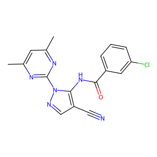 3-chloro-N-[4-cyano-2-(4,6-dimethylpyrimidin-2-yl)pyrazol-3-yl]benzamide structure