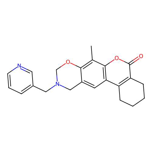 7-methyl-10-(pyridin-3-ylmethyl)-1,2,3,4,10,11-hexahydro-5H,9H-benzo[3,4]chromeno[6,7-e][1,3]oxazin-5-one structure