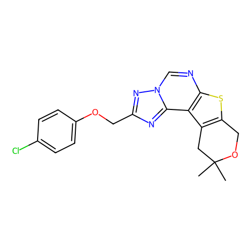 2-((4-chlorophenoxy)methyl)-10,10-dimethyl-10,11-dihydro-8H-pyrano[4',3':4,5]thieno[3,2-e][1,2,4]triazolo[1,5-c]pyrimidine structure