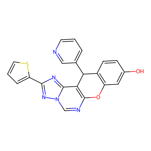12-(pyridin-3-yl)-2-(thiophen-2-yl)-12H-chromeno[3,2-e][1,2,4]triazolo[1,5-c]pyrimidin-9-ol structure