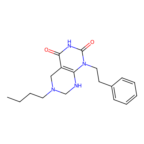 6-butyl-1-phenethyl-5,6,7,8-tetrahydropyrimido[4,5-d]pyrimidine-2,4(1H,3H)-dione structure