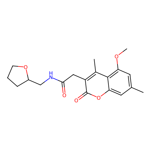 2-(5-methoxy-4,7-dimethyl-2-oxo-2H-chromen-3-yl)-N-(tetrahydrofuran-2-ylmethyl)acetamide structure