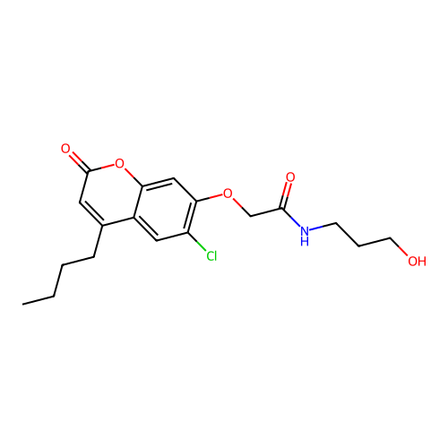 2-((4-butyl-6-chloro-2-oxo-2H-chromen-7-yl)oxy)-N-(3-hydroxypropyl)acetamide structure